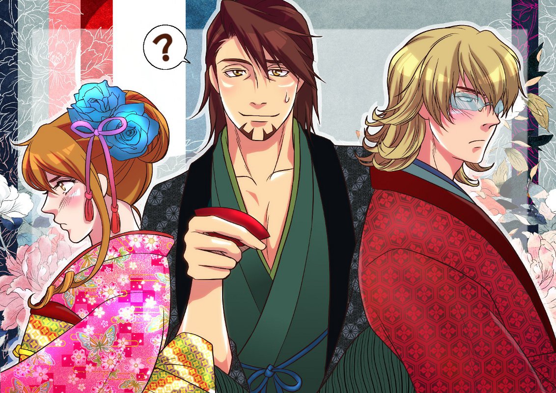 2boys, ?, alternate_hairstyle, asa_no_ha_(pattern), barnaby_brooks_jr, blonde_hair, blue_rose, blush, brown_eyes, brown_hair, facial_hair, floral_print, flower, glasses, green_eyes, hair_flower, hair_ornament, hair_ribbon, hexagon, japanese_clothes, kaburagi_t_kotetsu, karina_lyle, kimono, mikki-mikki, multiple_boys, ribbon, rimless_glasses, rose, shippou_(pattern), short_hair, stubble, sweatdrop, tiger_&amp;_bunny