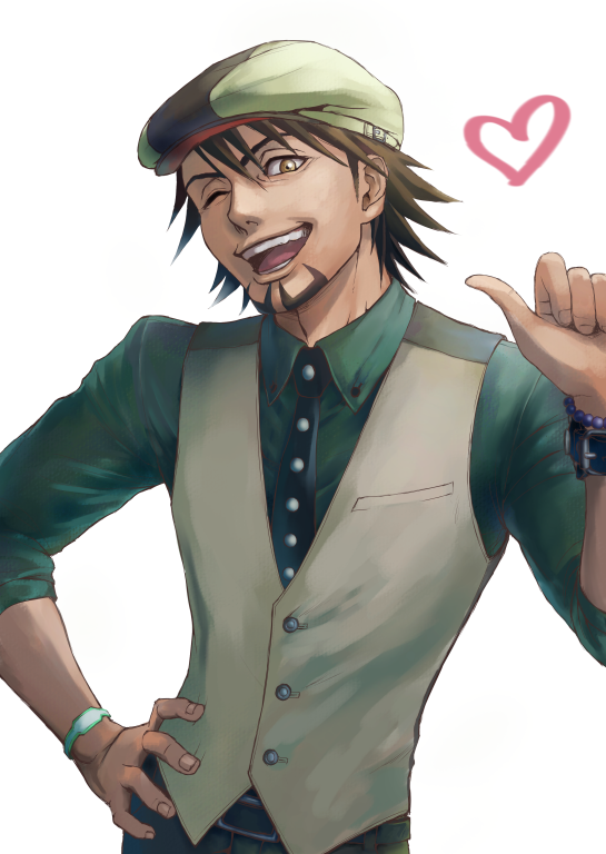 bibirii, bracelet, brown_eyes, brown_hair, cabbie_hat, facial_hair, hat, heart