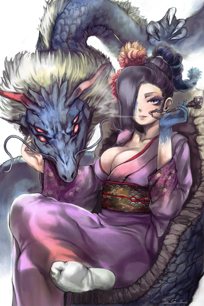 2012, black_hair, breasts, cleavage, copyright_request, crossed_legs, dragon, eastern_dragon