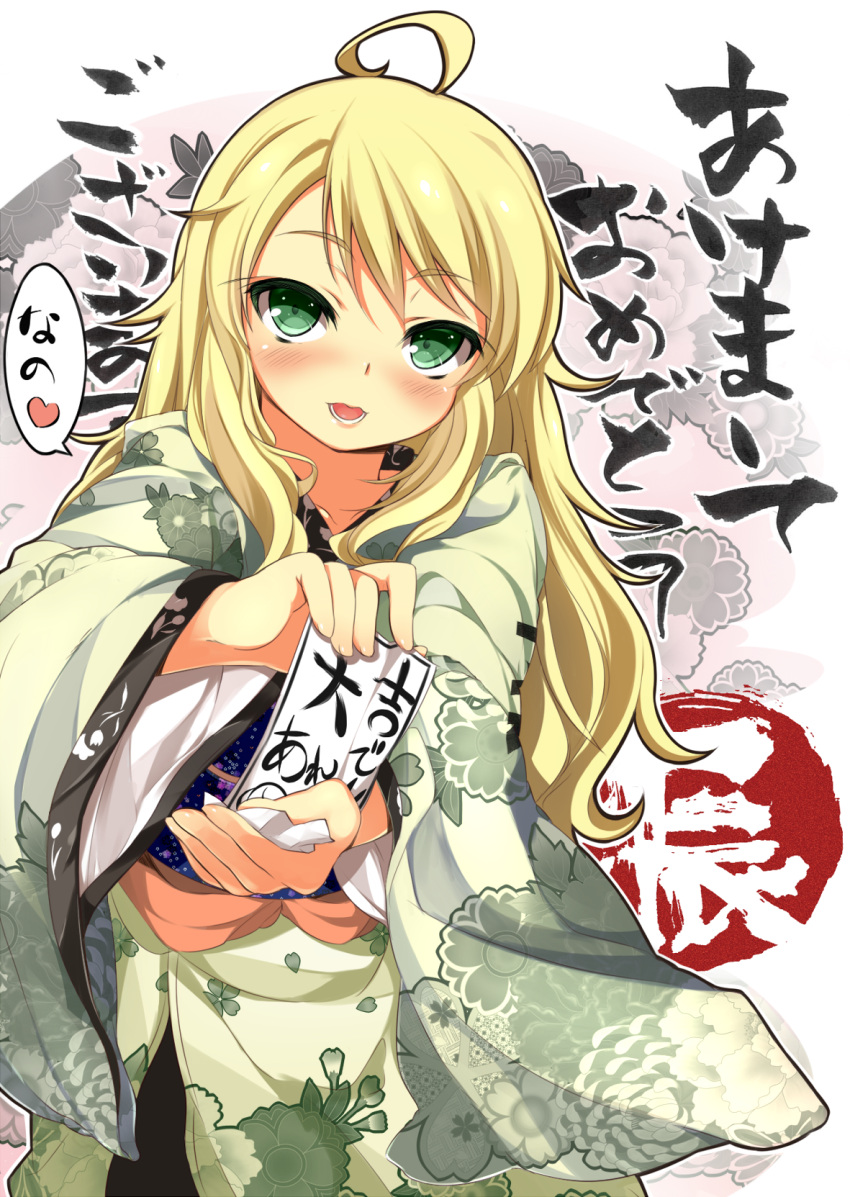 ahoge, akeome, blonde_hair, blush, green_eyes, highres, hoshii_miki, idolmaster