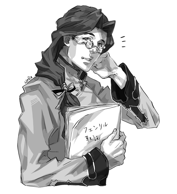 bow, citan_uzuki, glasses, long_hair, male, monochrome, narayamanta, ponytail