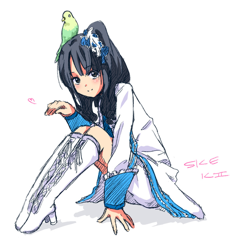 animal_on_head, bad_id, bird, bird_on_head, black_hair, futaru_usagi, long_hair, sitting, ske48, smile, solo