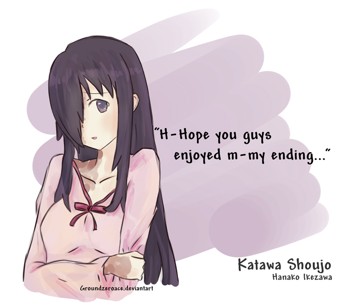 1girl, character_name, english, groundzeroace, hair_over_one_eye, holding_arm, ikezawa_hanako, katawa_shoujo, long_hair, payot, purple_eyes, purple_hair, solo, text, title_drop, violet_eyes