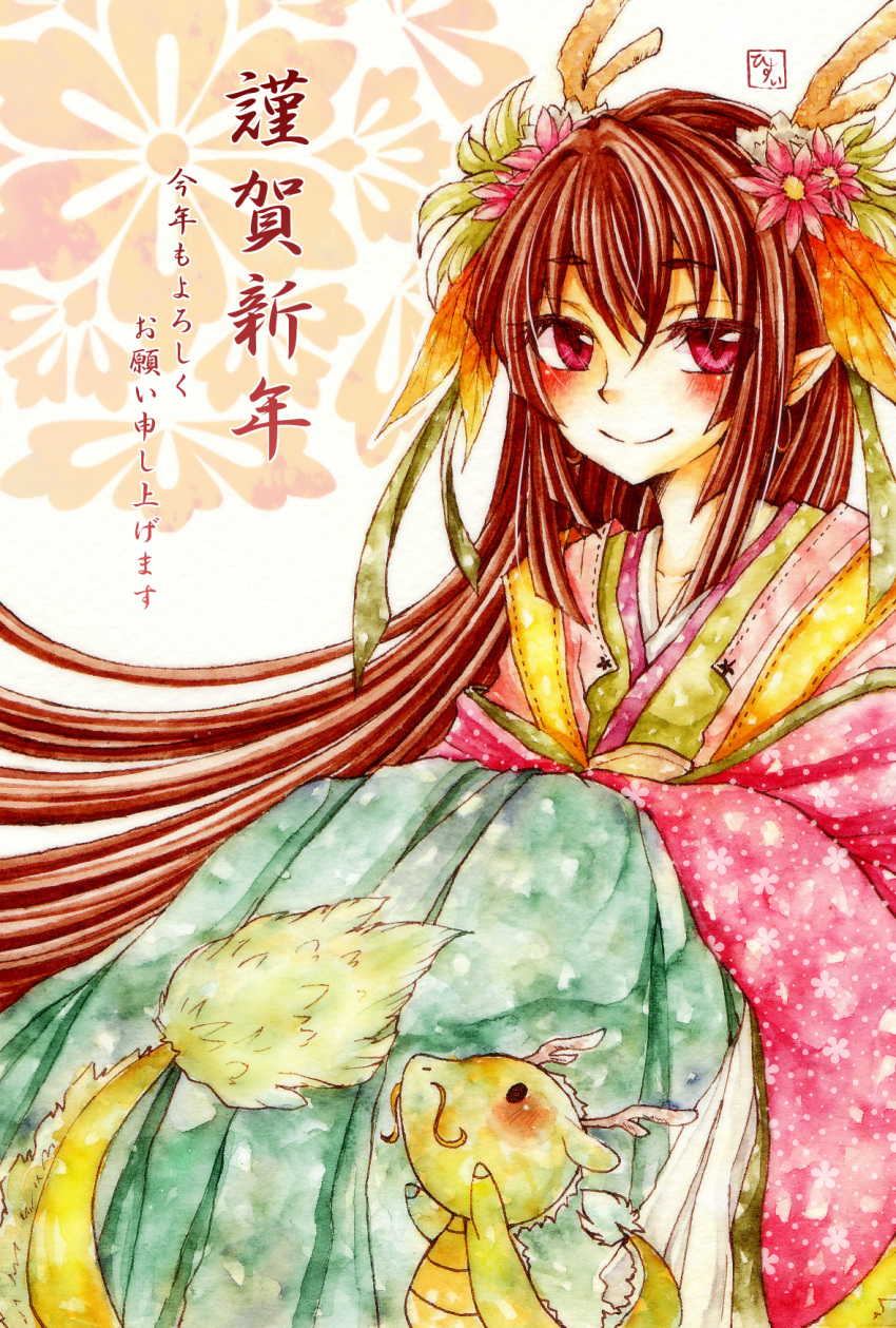 blush, brown_hair, flower, hair_flower, hair_ornament, highres, hisui_suzuhana, long_hair