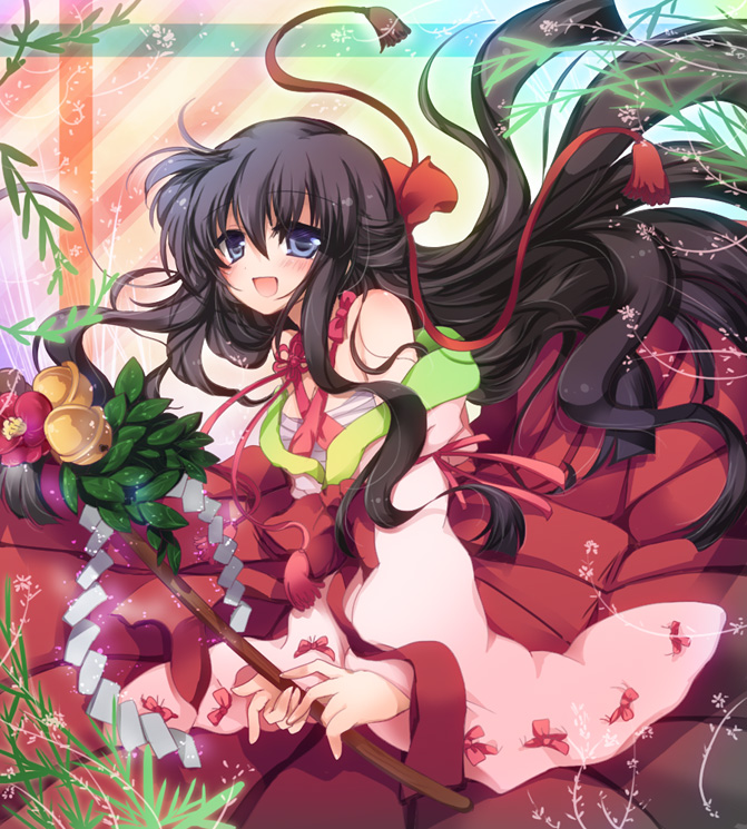 bell, black_hair, gohei, hizukiryou, japanese_clothes, long_hair, miko, original