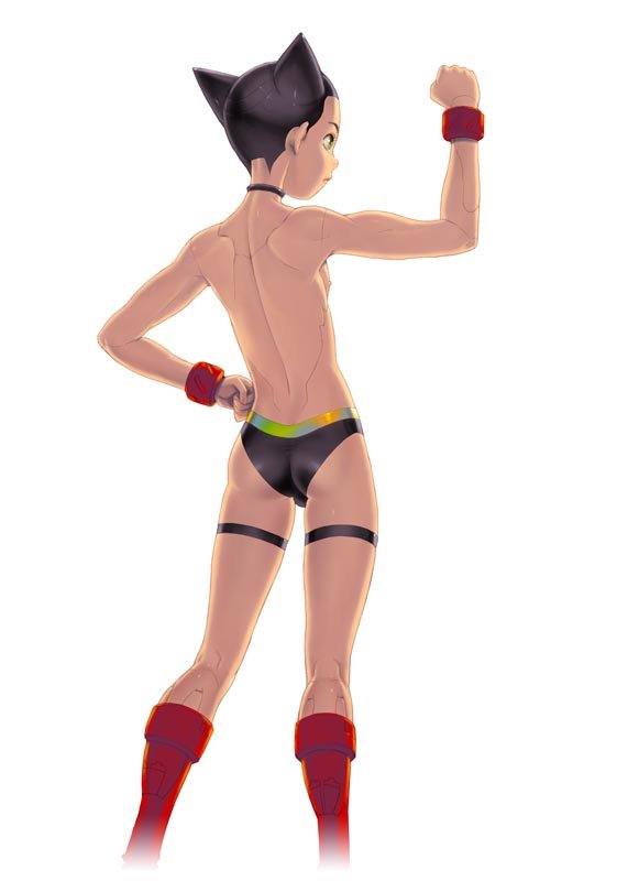 1boy, android, atom_(tetsuwan_atom), black_hair, boots, choker, from_behind, male