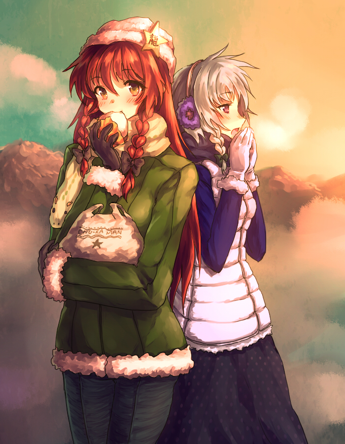 2girls, alternate_costume, blush, braid, earmuffs, eating, gloves, hat, hong_meiling, izayoi_sakuya, long_hair, multiple_girls, onimaru_gonpei, red_eyes, red_hair, redhead, short_hair, silver_hair, star, the_embodiment_of_scarlet_devil, touhou, twin_braids, white_gloves, winter_clothes