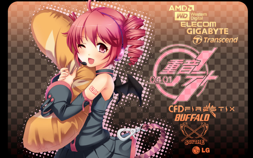 headphones, kasane_teto, logo, pink_eyes, pink_hair, skirt, utau, wings