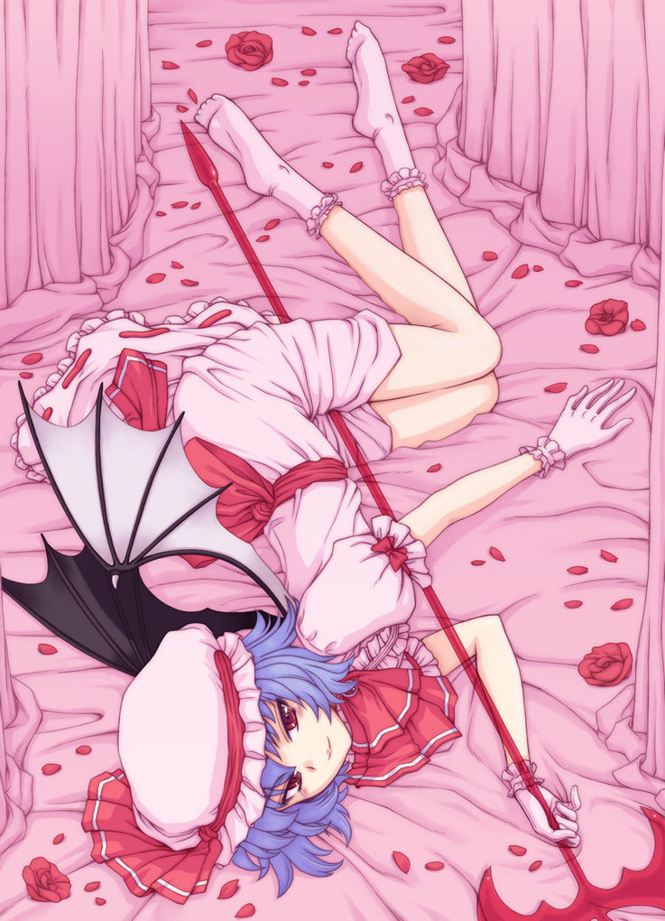 bat_wings, bed, blue_hair, bow, dress, flower, gloves, hat, lying, on_side, orebalgum, petals, pink_legwear, purple_hair, red_eyes, remilia_scarlet, ribbon, rose, short_hair, smile, socks, solo, spear_the_gungnir, touhou, wings