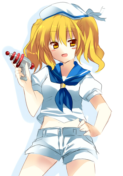 blonde_hair, blush_stickers, fujishiro_emyu, hand_on_hip, hat, hips, kitashirakawa_chiyuri, ray_gun