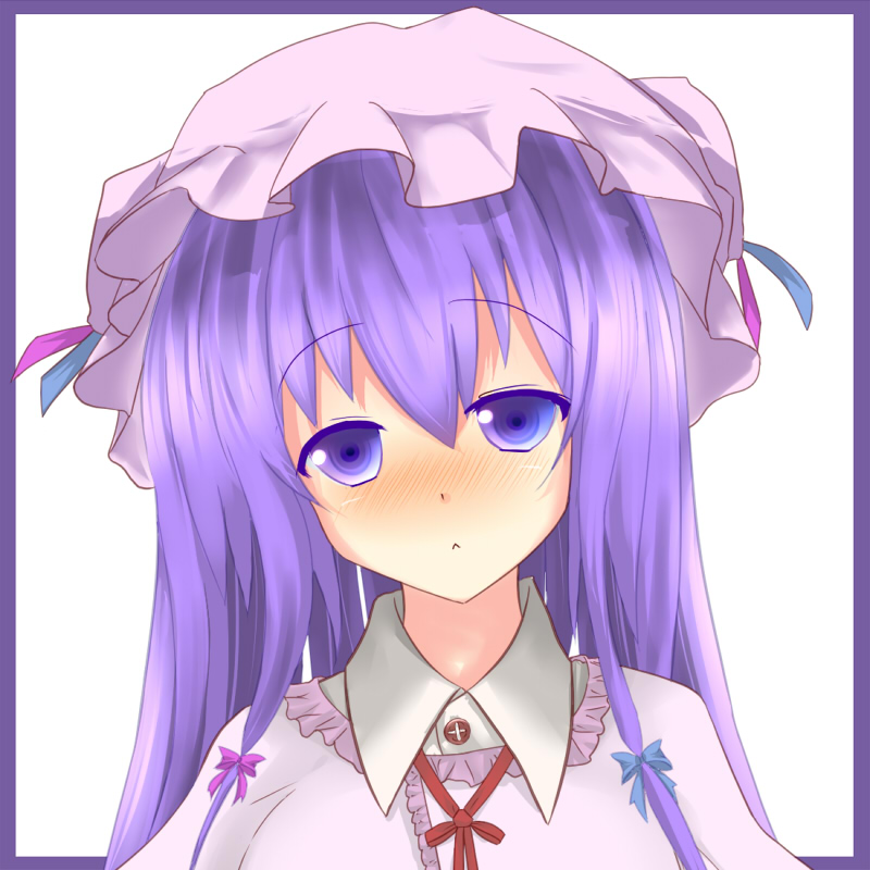 :<, aemoti, blush, hat, long_hair, pandamonium, patchouli_knowledge, purple_eyes