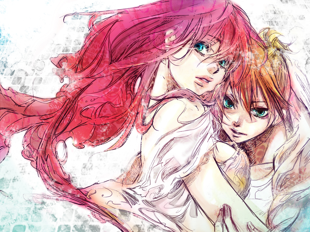 1girl, age_difference, aqua_eyes, blonde_hair, couple, hug, kagamine_len, lips