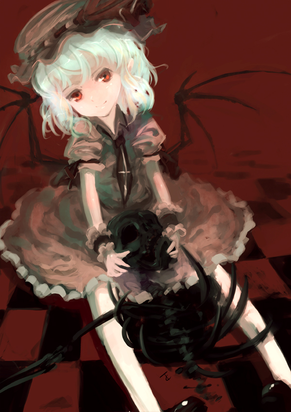 aqua_hair, bat_wings, checkered, checkered_floor, hat, red_eyes, remilia_scarlet, short_hair, skull, smile, solo, touhou, tragic_comedy, wings, wrist_cuffs