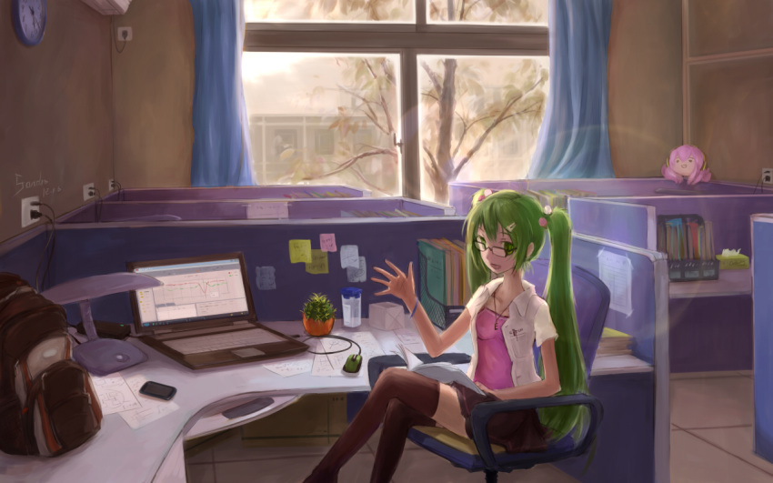 bespectacled, bracelet, clock, computer, crossed_legs, curtains, electric_socket, glasses