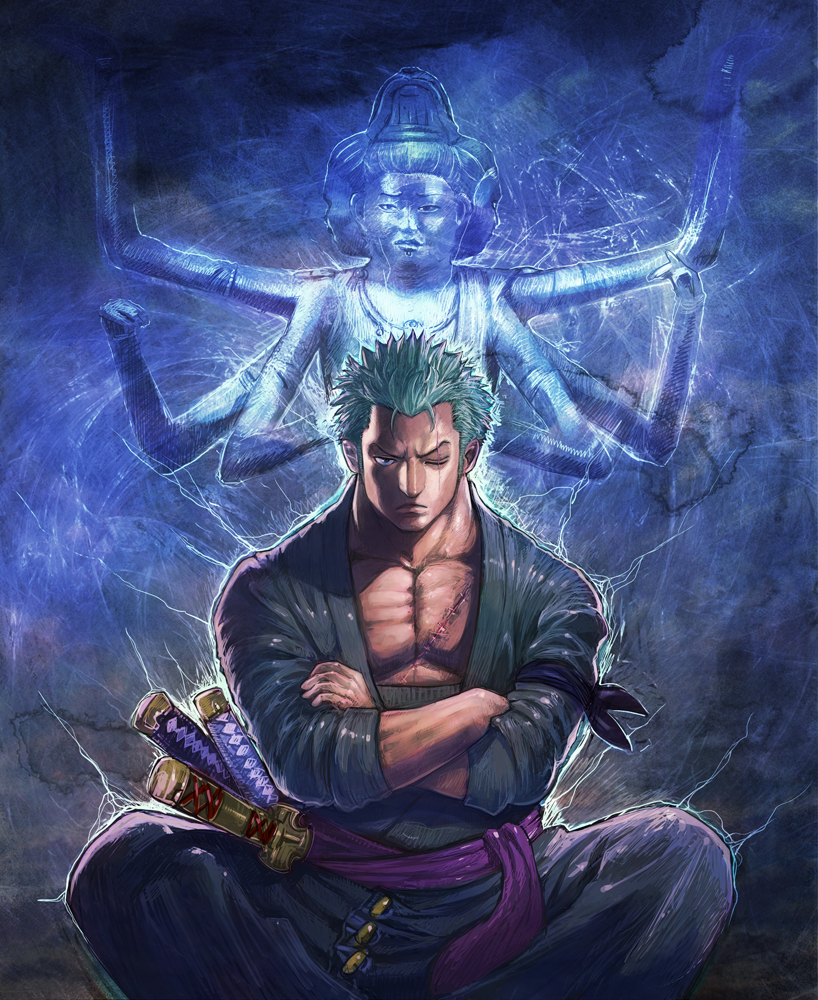 bandanna, boyaking, buddha, crossed_arms, earrings, extra_arms, green_hair, haramaki