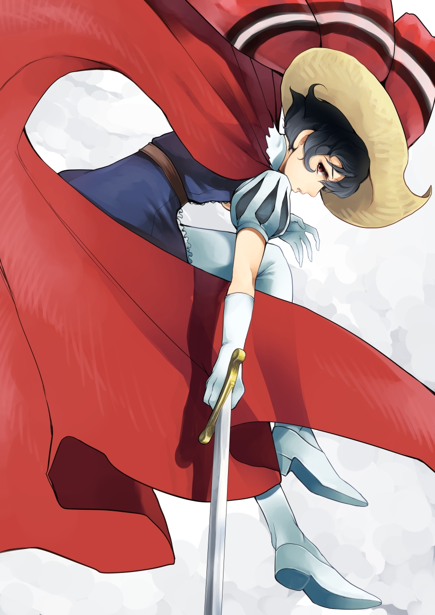 androgynous, black_hair, cape, elbow_gloves, eyelashes, female, garakuta, gloves