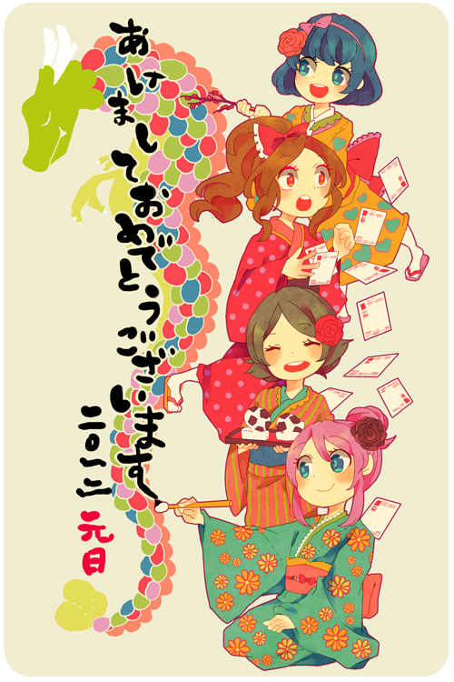 4girls, blue_eyes, blue_hair, brown_hair, calligraphy, calligraphy_brush, conoha, green_hair