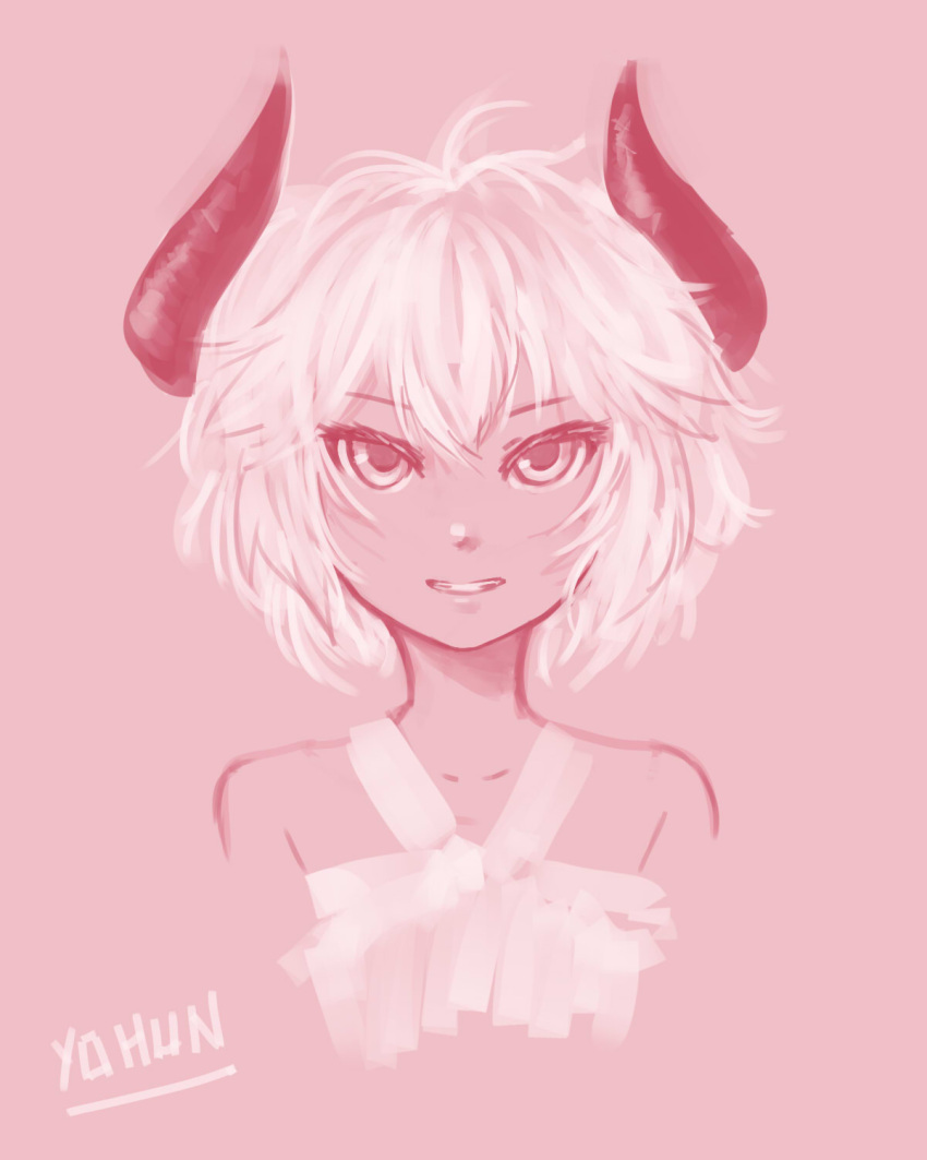 bare_shoulders, dress, face, highres, horns, monochrome, oniro, original