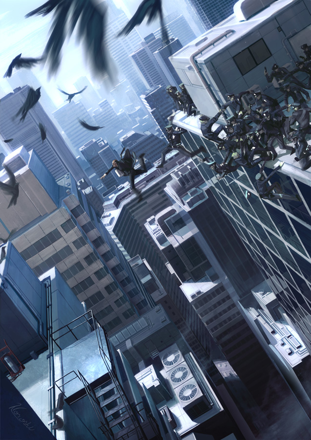bird, building, chasing, city, crow, dutch_angle, falling, fire_extinguisher