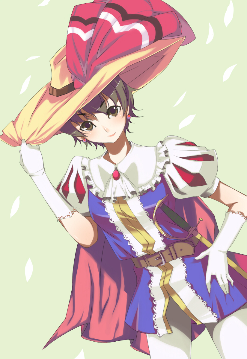 alternate_hair_color, androgynous, belt, brown_eyes, brown_hair, cape, dek, dutch_angle