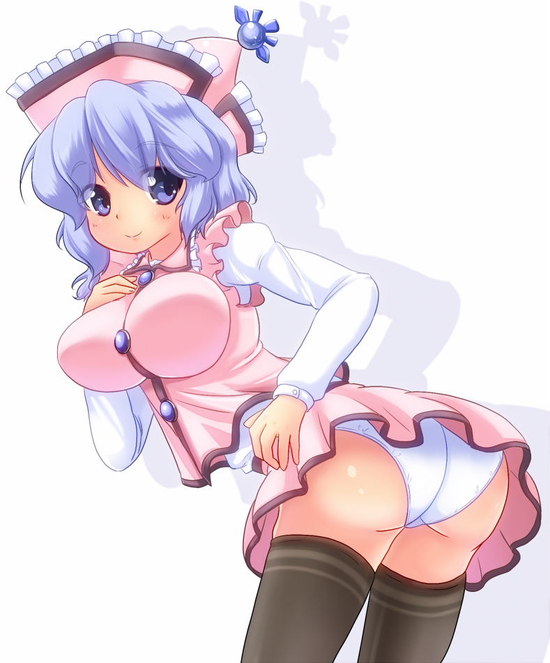 1girl, ass, black_legwear, blue_eyes, blue_hair, breasts, chuuten_(tyuuten), hat, large_breasts, merlin_prismriver, panties, pantyshot, silver_hair, solo, thigh-highs, thighhighs, touhou, underwear, white_hair, white_panties