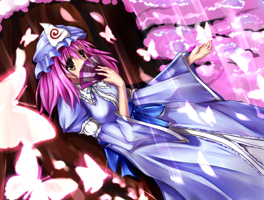 baisi_shaonian, butterfly, cherry_blossoms, fan, fun, haraguroi_you, hat, highres