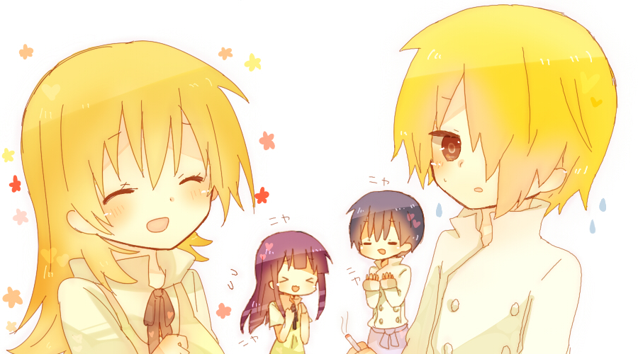 2girls, blonde_hair, blue_hair, chibi, long_hair, multiple_boys, multiple_girls, purple_hair