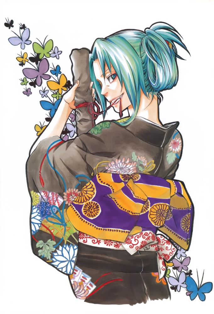 bow, chrysanthemum, floral_print, flower, from_behind, green_eyes, green_hair, grin