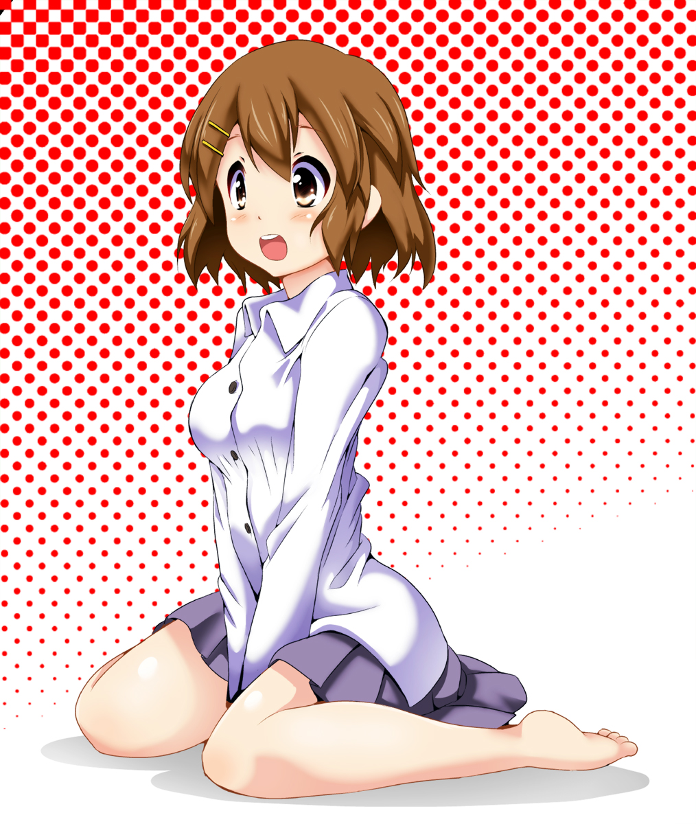 barefoot, brown_eyes, brown_hair, dress_shirt, highres, hirasawa_yui, k-on!, kawamura_river
