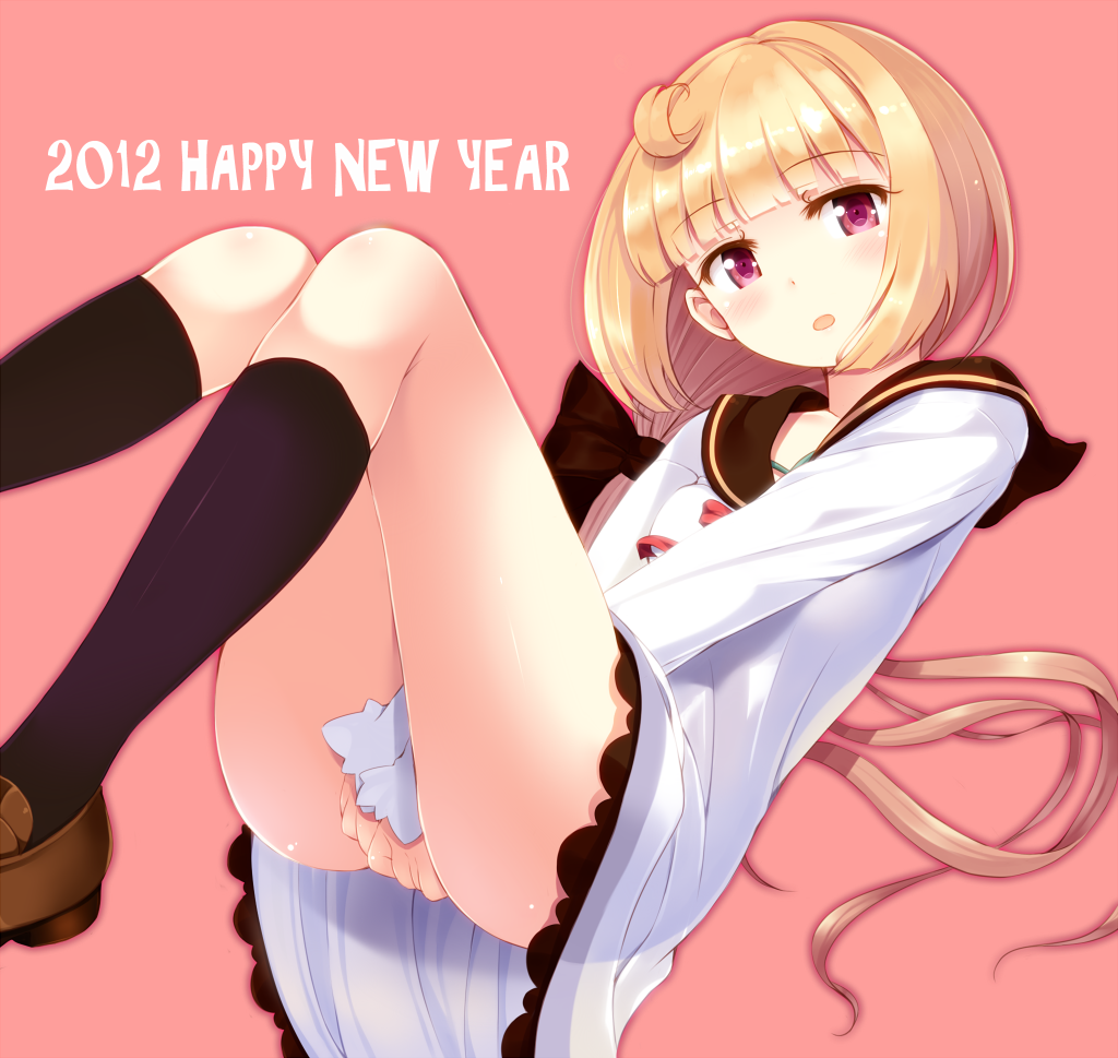 2012, :o, bad_id, black_legwear, blonde_hair, blush, bow, cepoli_elretoi, covering, covering_crotch, dress, dress_tug, happy_new_year, kneehighs, komone_ushio, loafers, long_hair, looking_at_viewer, new_year, open_mouth, original, purple_eyes, red_eyes, sailor_dress, shoes, short_hair, simple_background, solo, violet_eyes, white_dress