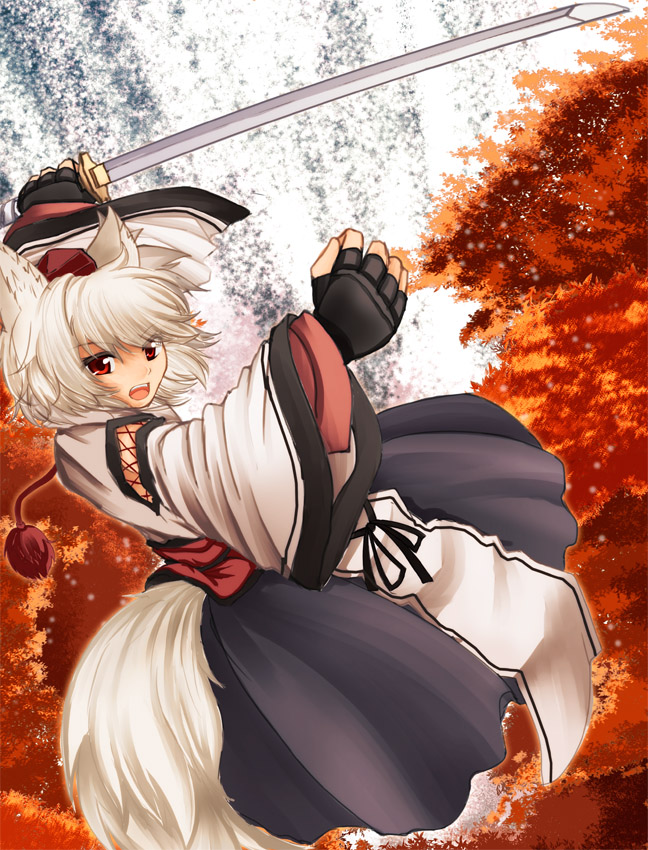 animal_ears, autumn, fighting_stance, fingerless_gloves, gloves, hat, inubashiri_momiji, japanese_clothes