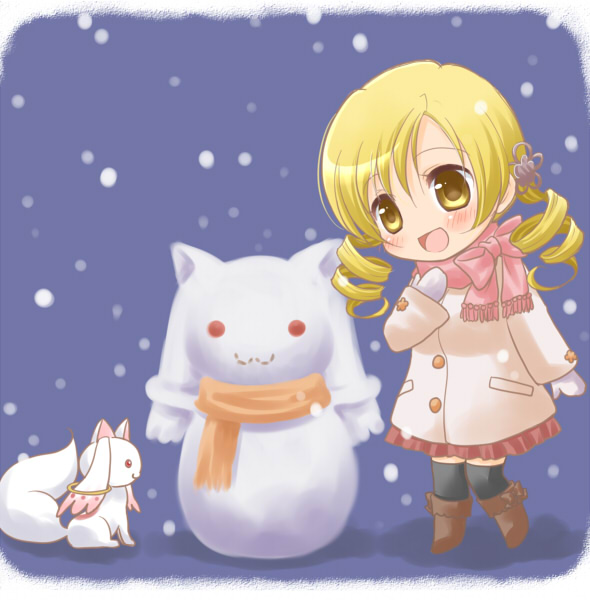 :3, black_legwear, blonde_hair, boots, chibi, coat, drill_hair, kyubey