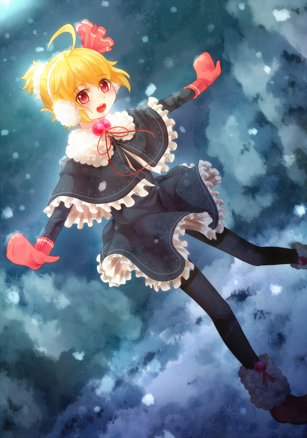 1girl, ahoge, alternate_hairstyle, black_legwear, blonde_hair, capelet, earmuffs, frills, highres, mittens, open_mouth, outstretched_arms, pantyhose, ponytail, rumia, sakuyabm, short_hair, snow, solo, spread_arms, the_embodiment_of_scarlet_devil, touhou, winter_clothes, youkai