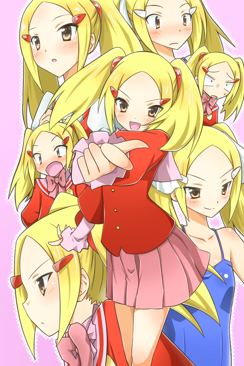 aoyama_mio, blonde_hair, blue_dress, blush, dress, expressions, formal, hair_ornament