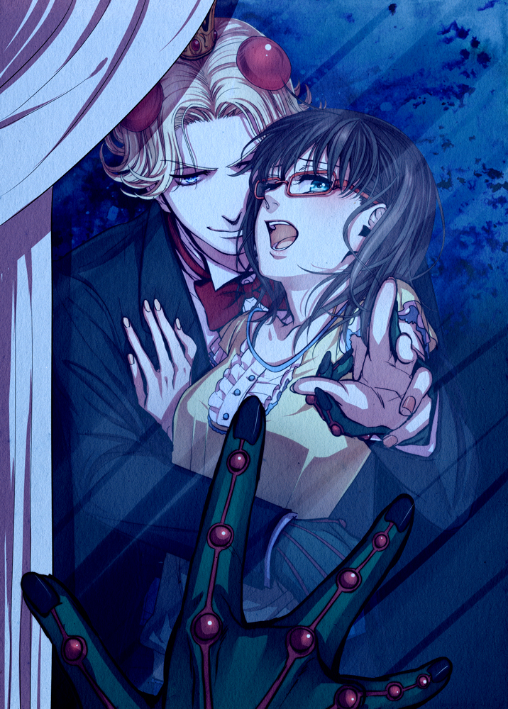 1girl, azazel, bad_id, beelzebub_(azazel-san), black_hair, blonde_hair, blue_eyes, bowtie, crown, demon, dress, glass, glasses, hand_on_another's_chest, hand_on_another's_chest, hug, long_hair, looking_at_viewer, nail_polish, open_motuh, open_mouth, outstretched_hand, red-framed_glasses, sagula, sakuma_rinko, short_hair, suzunosuke_(sagula), tuxedo, window, yondemasuyo_azazel-san