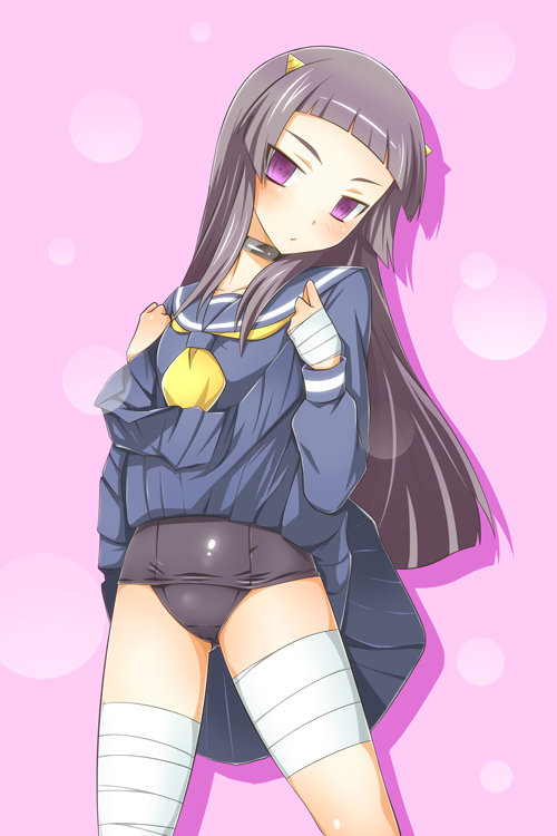 bandage, bandages, black_hair, blush, choker, hime_cut, horns, kami_nomi_zo_shiru_sekai