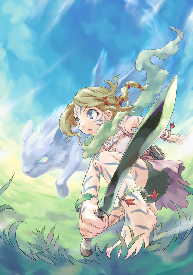 anklet, barefoot, bike_shorts, blonde_hair, blue_eyes, bracelet, cloud, dress, feet, grass, haruru, jewelry, kukri, kukuri_knife, markings, nature, original, scarf, sky, solo, spirit, tattoo, weapon