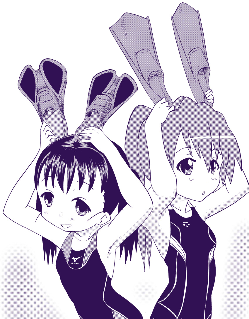 2girls, absurdres, competition_swimsuit, flippers, highres, monochrome, multiple_girls, one-piece_swimsuit
