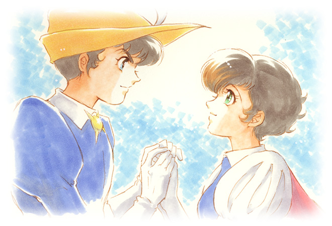 1girl, brown_hair, couple, eye_contact, gloves, hand_holding, hat, holding_hands