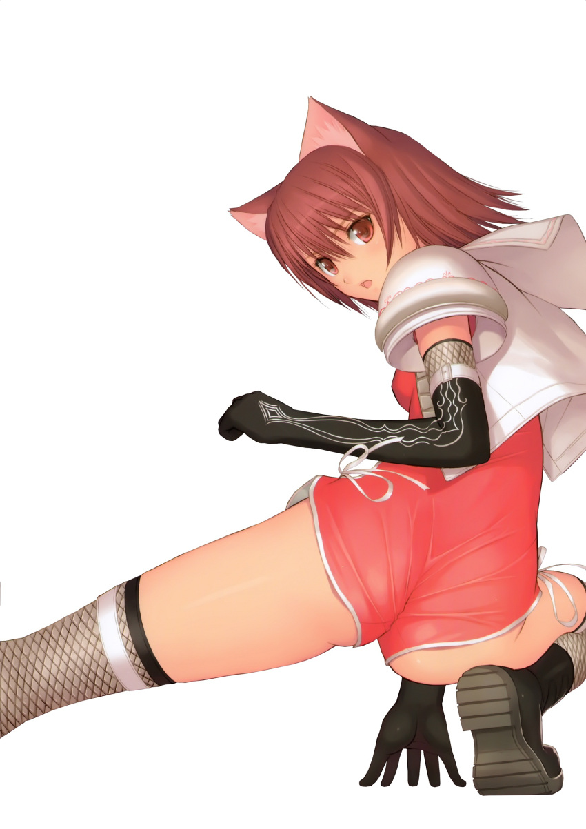 absurdres, animal_ears, ass, boots, brown_hair, elbow_gloves, from_behind, gloves, highres, legs, looking_back, mao_(shining_tears), official_art, open_mouth, red_eyes, red_hair, redhead, shining_(series), shining_tears, short_hair, simple_background, solo, taka_tony, tanaka_takayuki, thigh-highs, thighhighs, wedgie