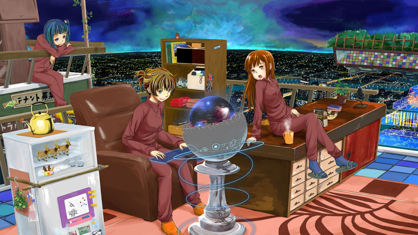 blue_eyes, blue_hair, bookshelf, bottle, brown_eyes, brown_hair, chair, cityscape