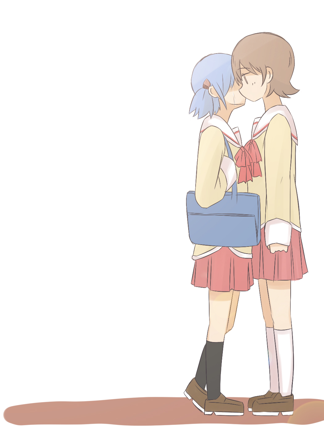 aioi_yuuko, bag, black_legwear, blue_hair, bow, brown_hair, fukodesu, hair_cubes, hair_ornament, height_difference, highres, kiss, kneehighs, multiple_girls, naganohara_mio, nichijou, over_shoulder, school_uniform, shoes, short_hair, short_twintails, simple_background, skirt, tears, twintails, white_background, white_legwear, yuri, |_|