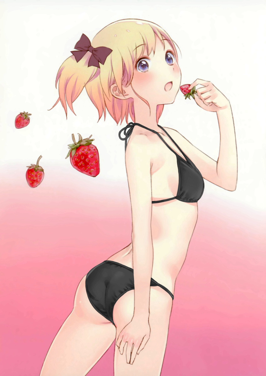 absurdres, ass, bare_shoulders, bikini, black_bikini, blonde_hair, blue_eyes, blush