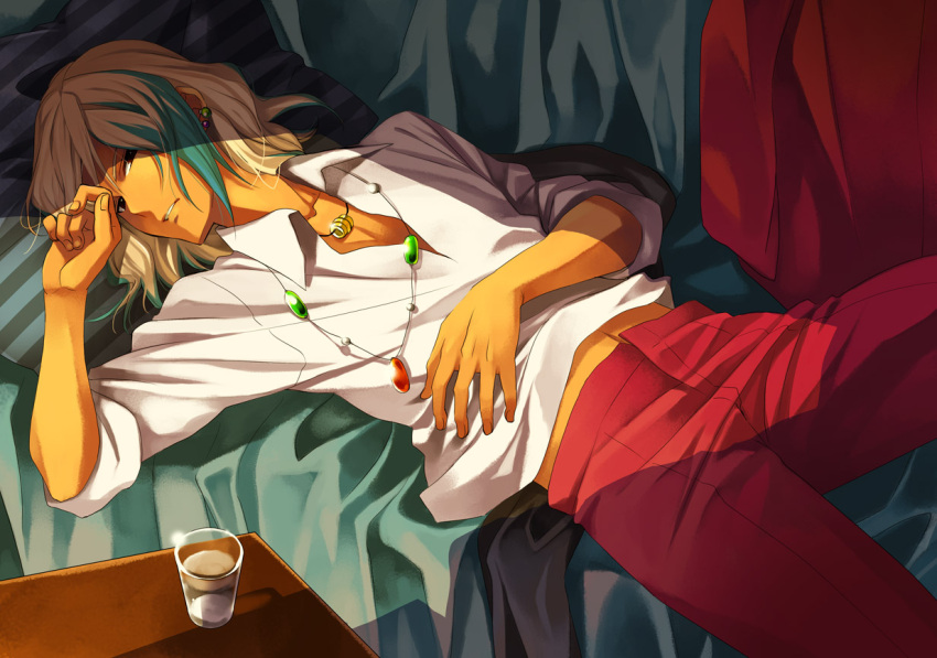 blue_hair, cloth, earrings, elmou, glass, gouenji_shuuya, inazuma_eleven, inazuma_eleven_(series), inazuma_eleven_go, jewelry, long_hair, lying, male, multicolored_hair, necklace, necktie, phone, solo, table, two-tone_hair, white_hair
