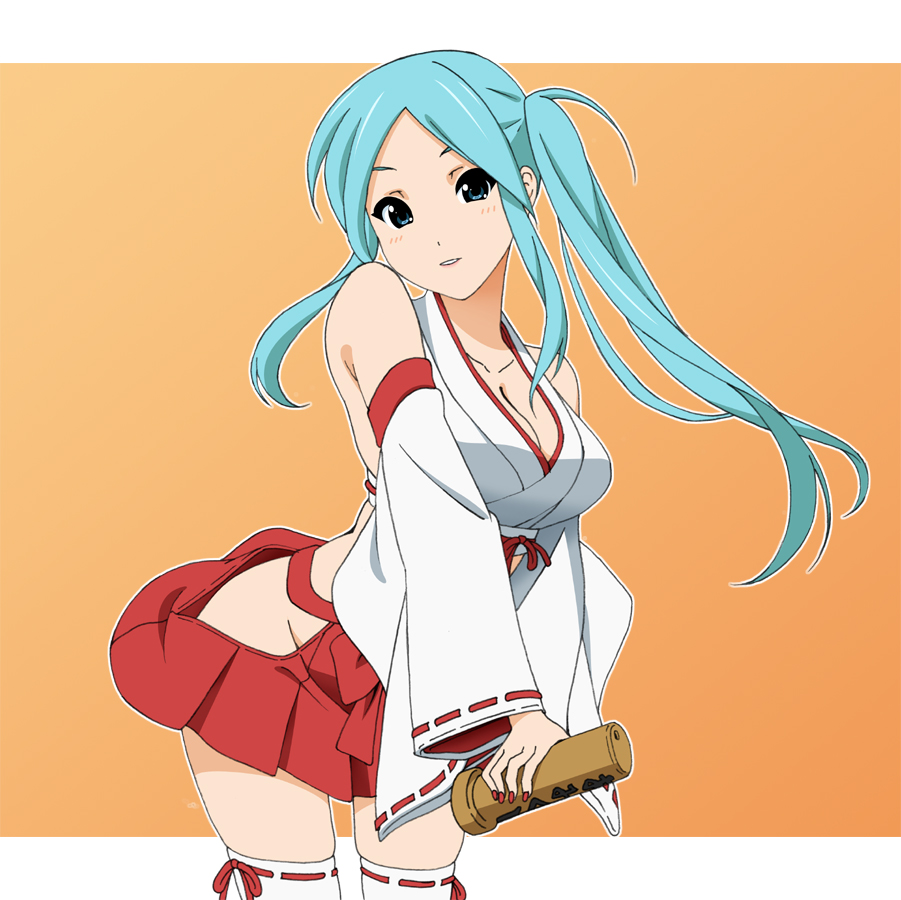 bare_shoulders, blue_eyes, blue_hair, blush, breasts, can, cleavage, detached_sleeves