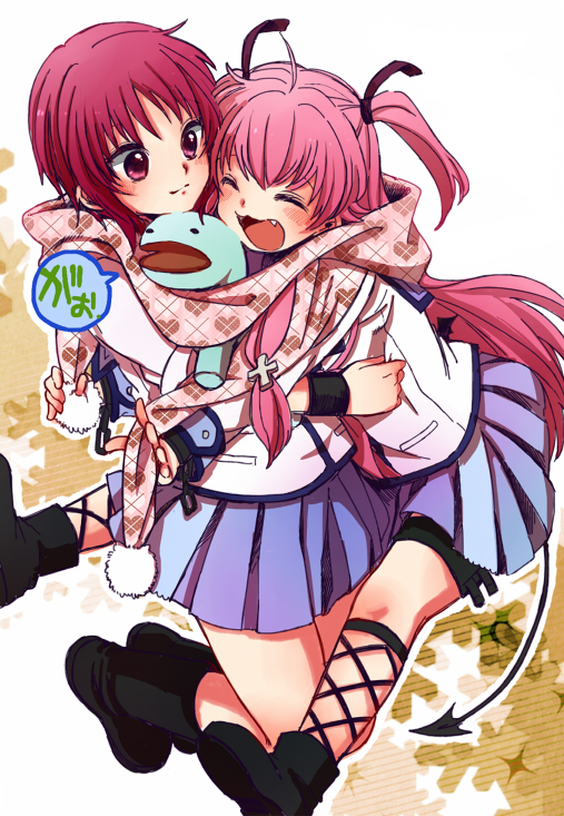 angel_beats!, bad_id, boots, closed_eyes, eyes_closed, fang, hand_puppet, hug