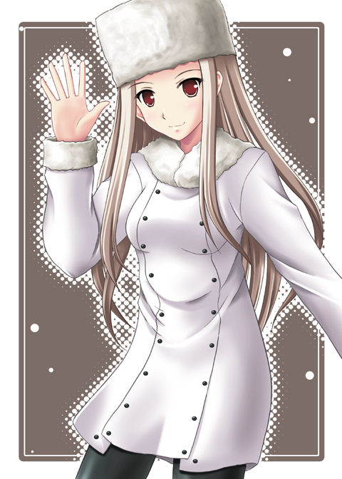 boots, coat, fate/zero, fate_(series), fur_hat, fuugetsu_(08affair), hat, irisviel_von_einzbern, long_hair, pantyhose, red_eyes, smile, solo, waving, white_hair