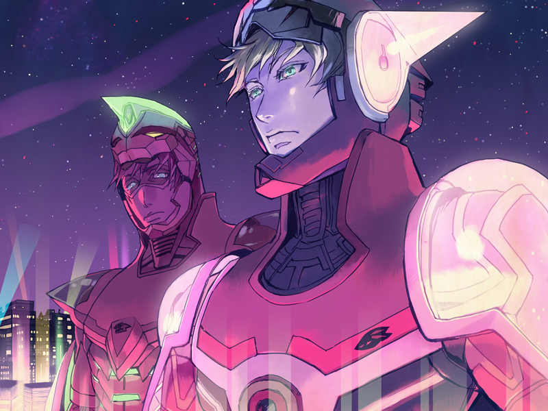 barnaby_brooks_jr, blonde_hair, blue_eyes, brown_hair, glowing, glowing_eyes, green_eyes, kaburagi_t_kotetsu, mask, multiple_boys, nazu0925, neon_trim, pink, power_armor, power_suit, short_hair, superhero, tiger_&amp;_bunny, wild_tiger