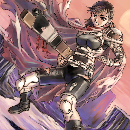 armor, bodysuit, braid, brown_eyes, brown_hair, cape, cloud, dutch_angle