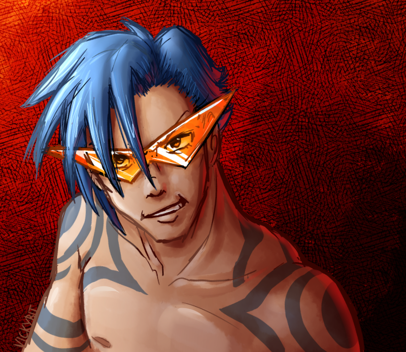 1boy, blue, blue_hair, gurren, hair, kamina, lagann, male, red_eyes, simple_background, smile, solo, tengen, tengen_toppa_gurren_lagann, toppa, vickybit